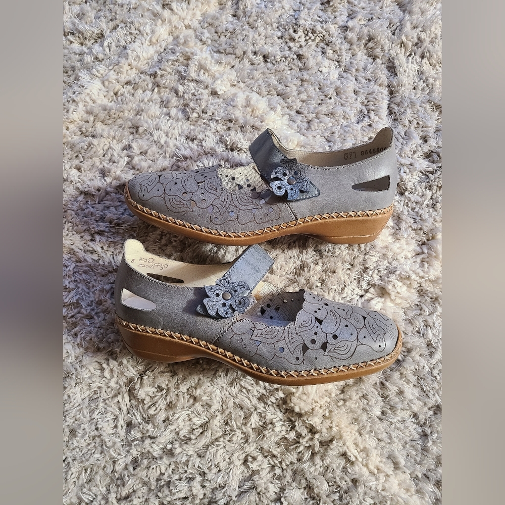 Women's Rieker Antistress‎ Velcro Leather Floral Design Shoes Size 37 Blue Boho